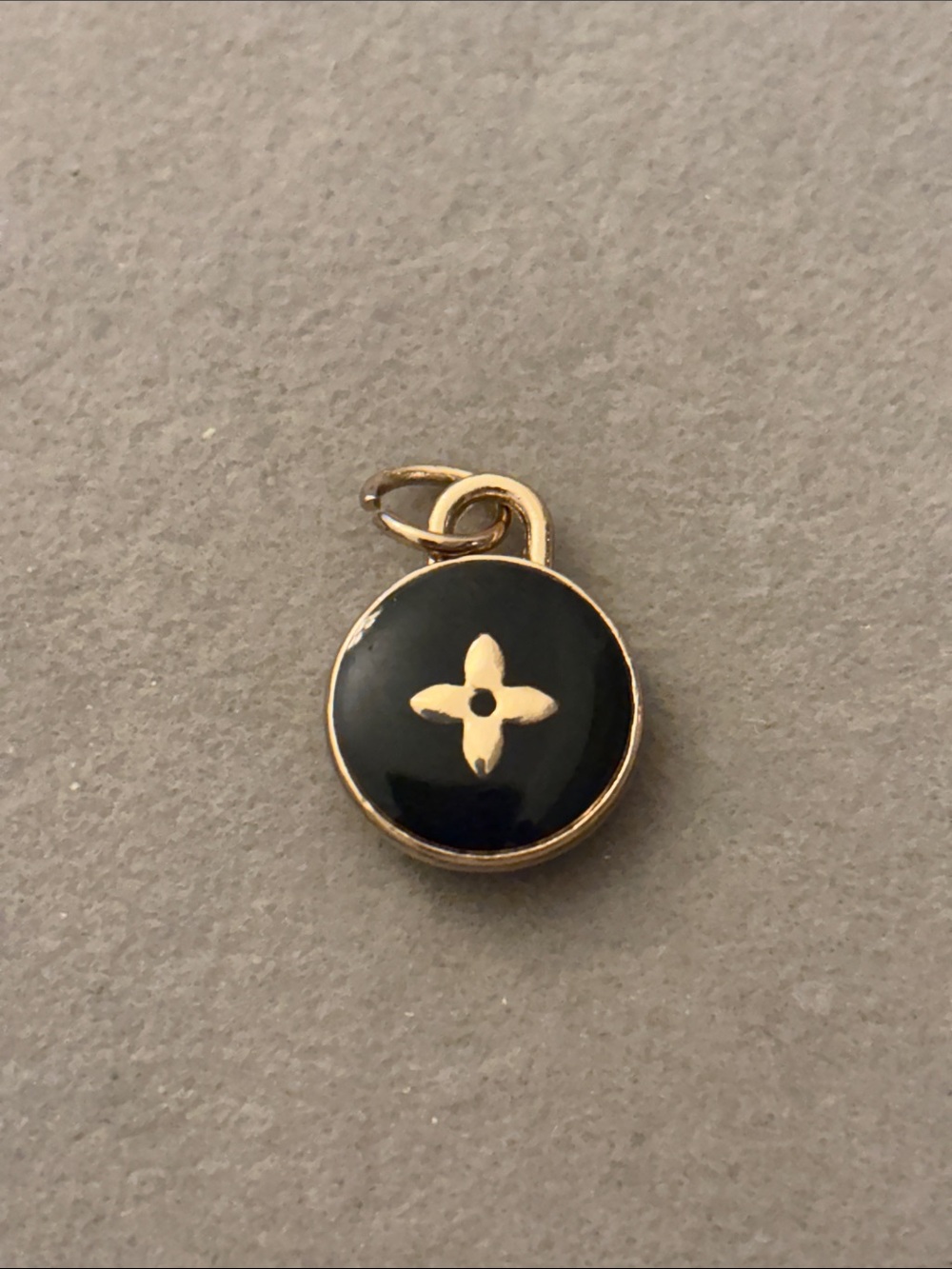Gold and Black Enamel Round Charm Pendant - Floral Motif